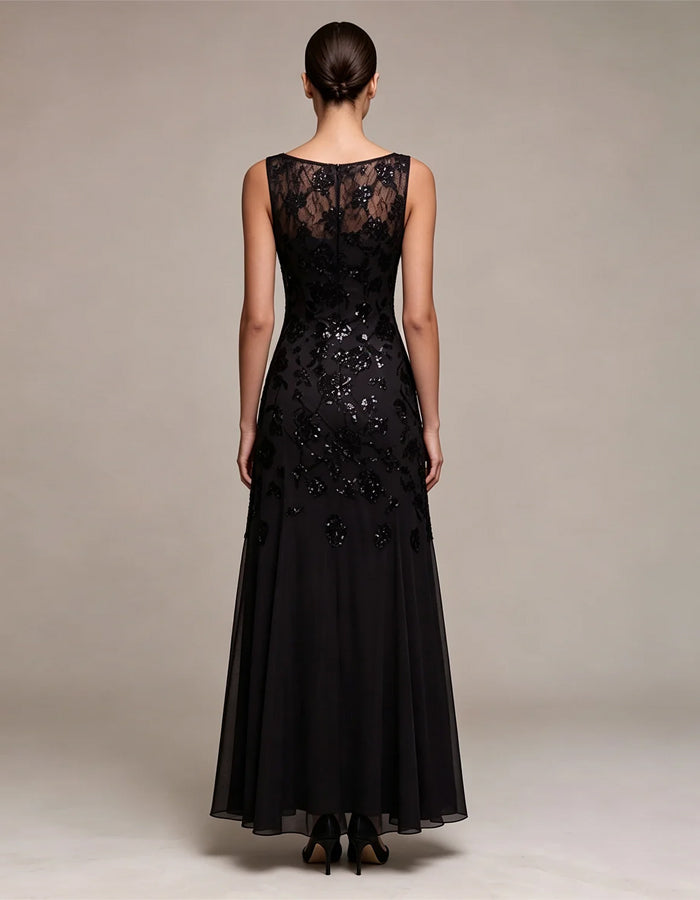 Black Sleeveless Sequined Lace Maxi Dress