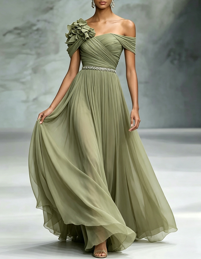 Off-the-shoulder Twisted Chiffon Maxi Dress