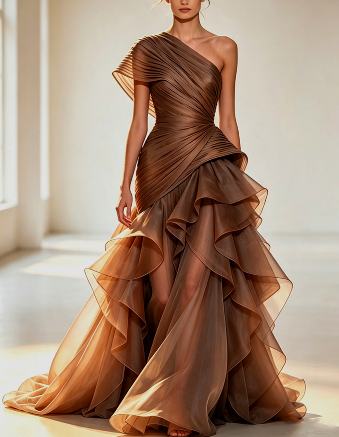 Asymmetrical One-shoulder Pleats Maxi Dress