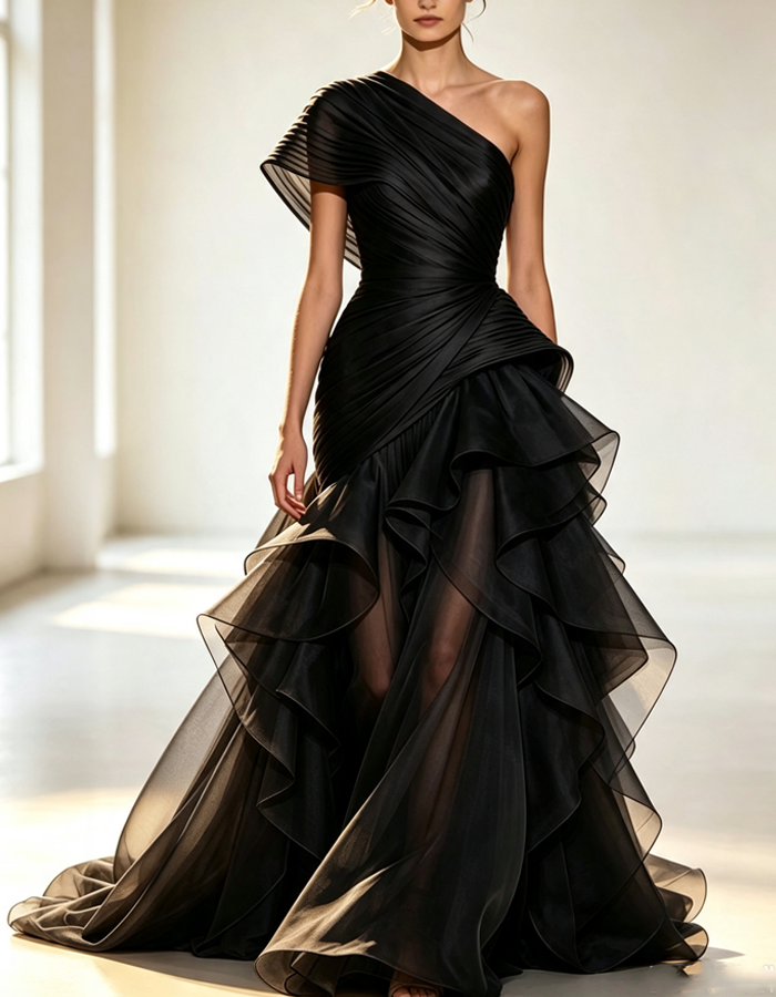 Asymmetrical One-shoulder Pleats Maxi Dress