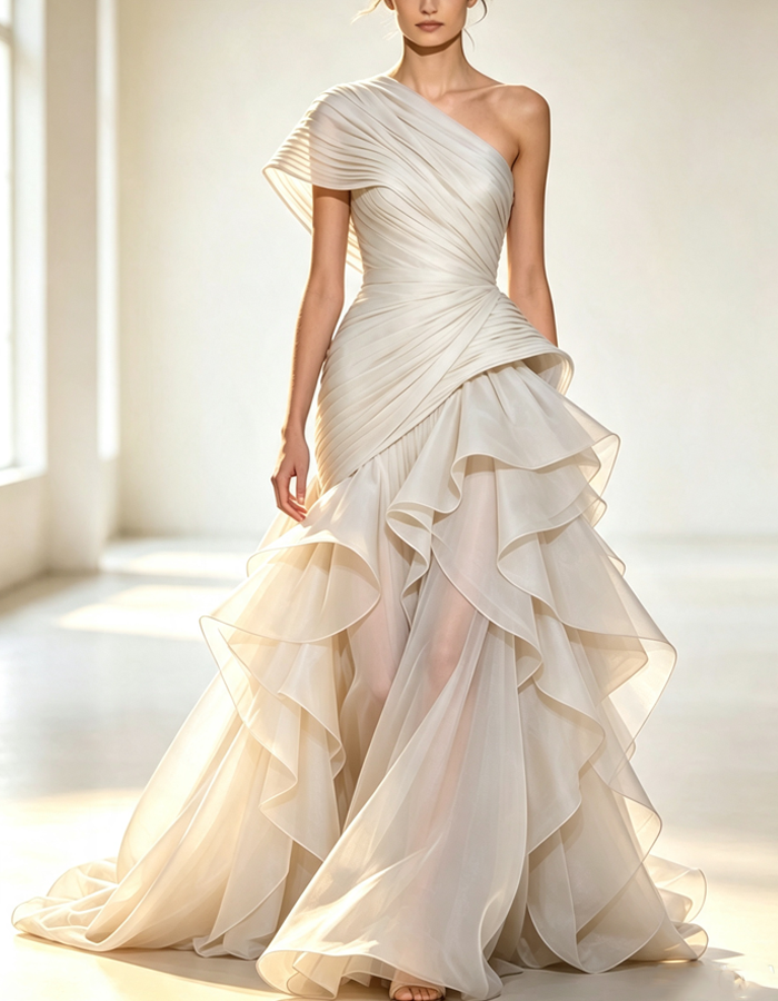 Asymmetrical One-shoulder Pleats Maxi Dress