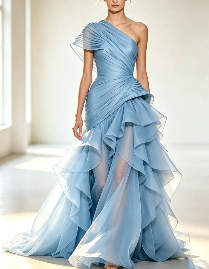 Asymmetrical One-shoulder Pleats Maxi Dress
