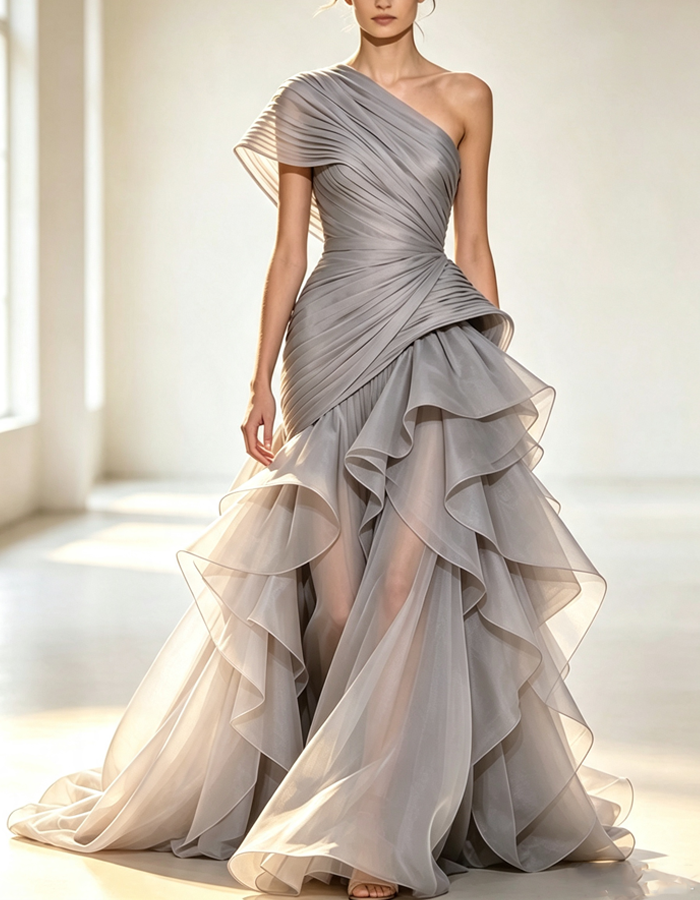 Asymmetrical One-shoulder Pleats Maxi Dress