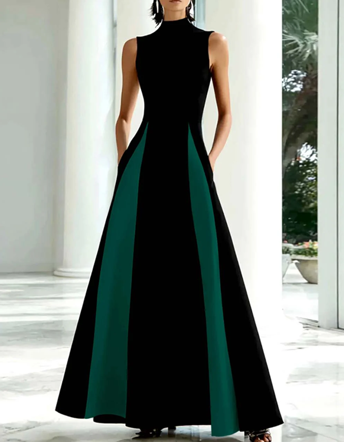 High-neck Sleeveless Color-blocked Maxi Dress