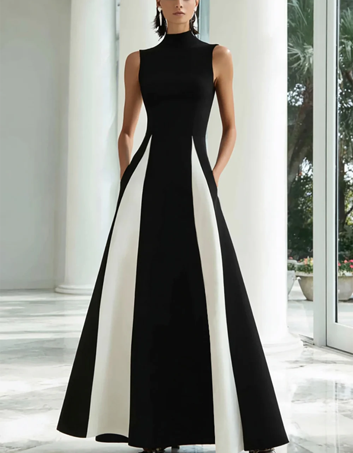 High-neck Sleeveless Color-blocked Maxi Dress