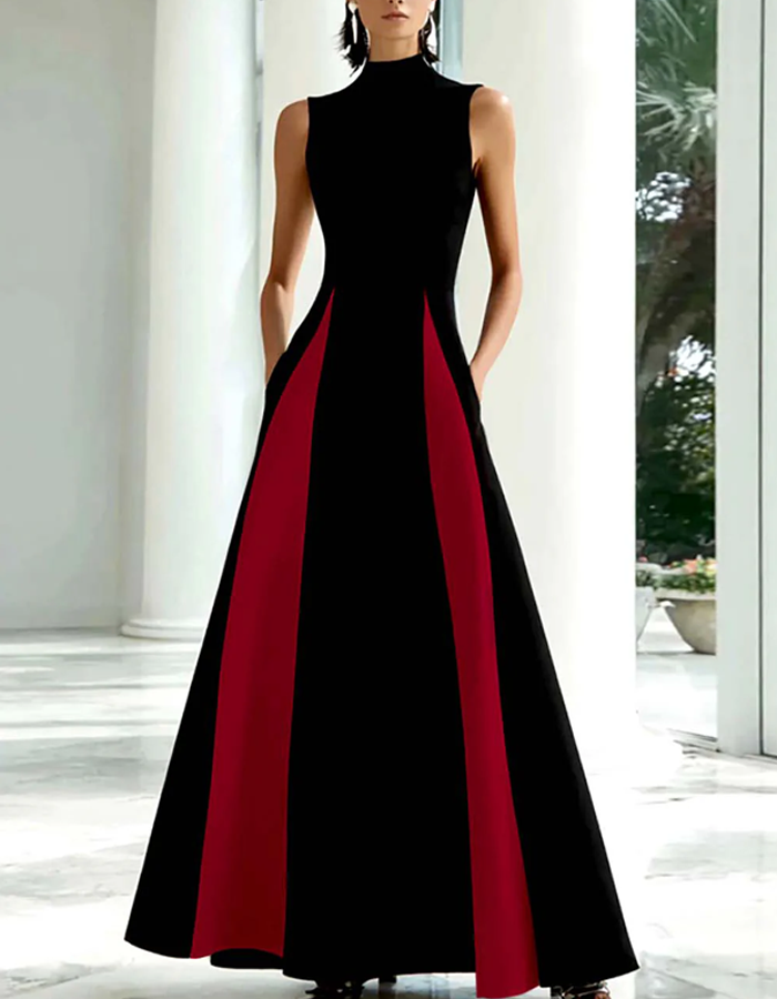 High-neck Sleeveless Color-blocked Maxi Dress