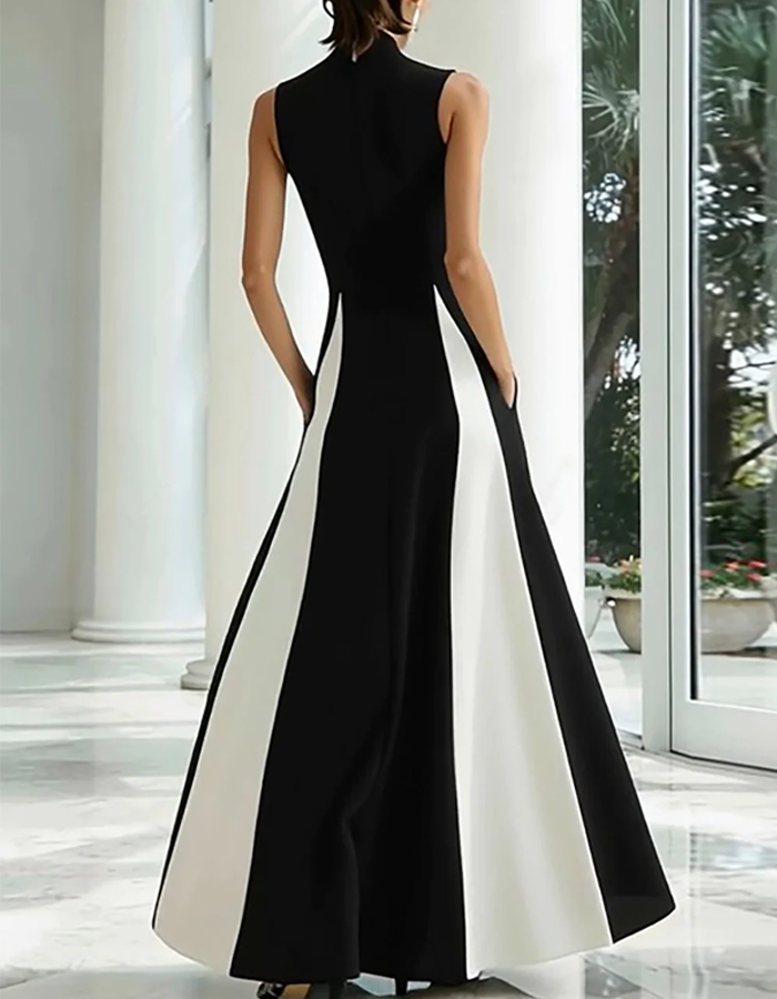 High-neck Sleeveless Color-blocked Maxi Dress