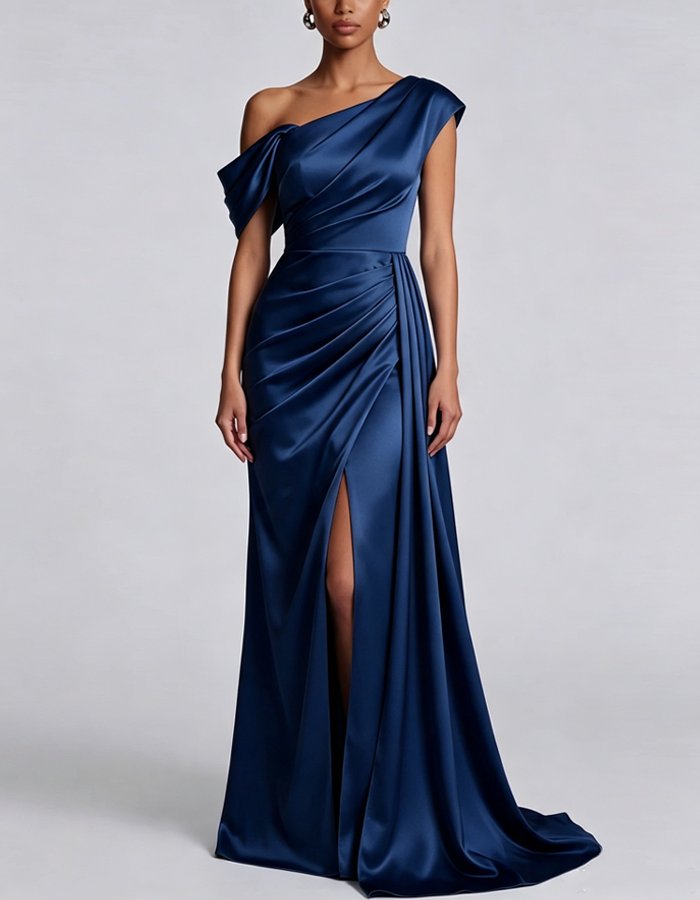 One-shoulder Draped Satin Evening Maxi Dress
