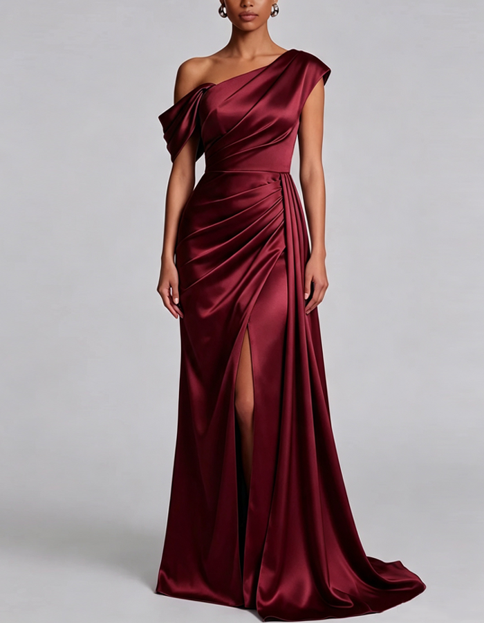 One-shoulder Draped Satin Evening Maxi Dress
