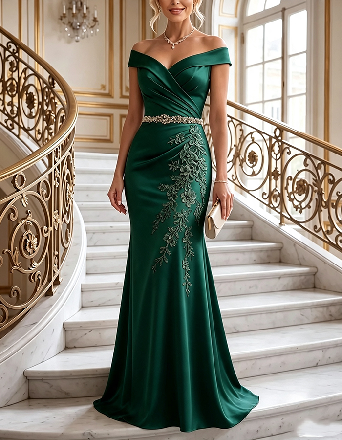 Champagne Off‑the‑Shoulder Draped Crepe Mermaid Maxi Dress