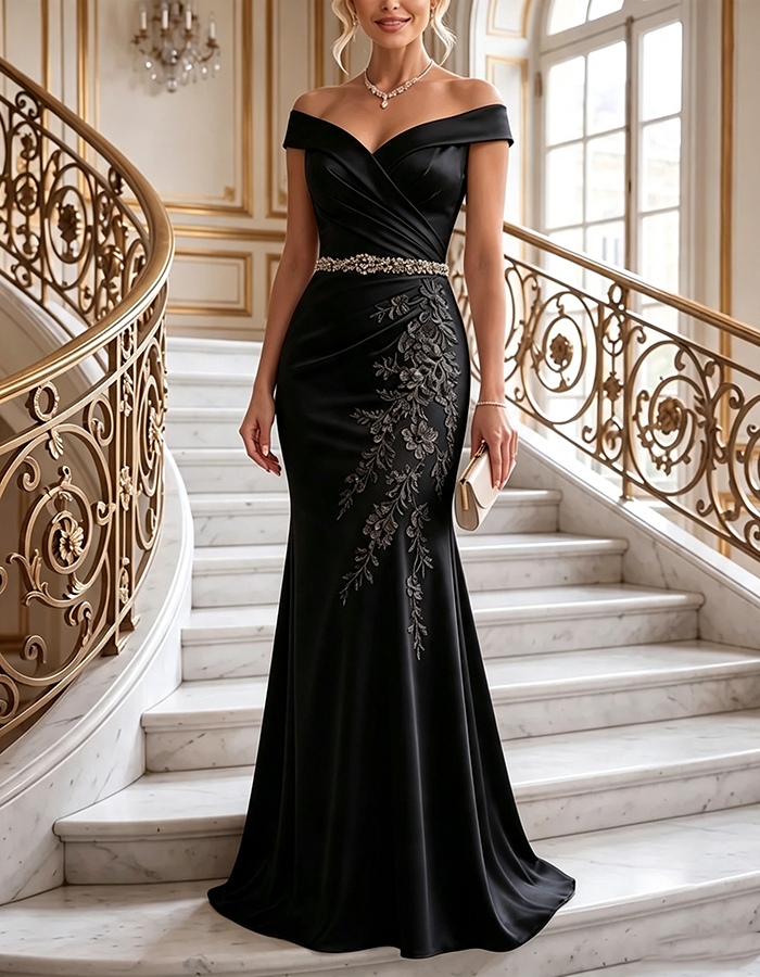 Champagne Off‑the‑Shoulder Draped Crepe Mermaid Maxi Dress