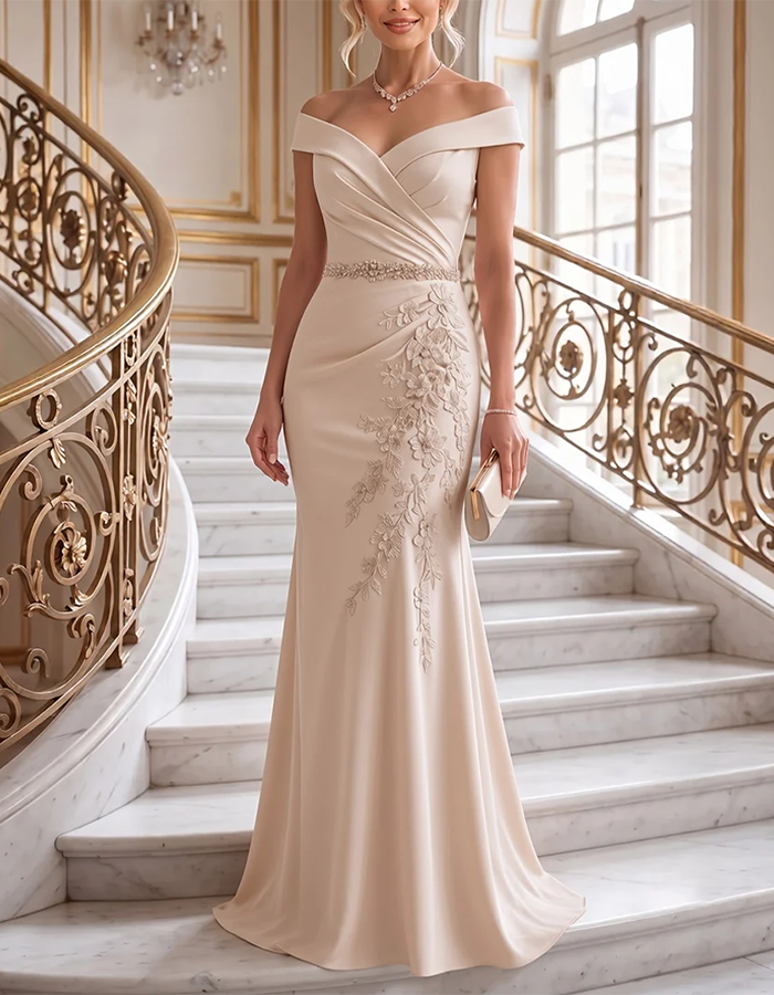 Champagne Off‑the‑Shoulder Draped Crepe Mermaid Maxi Dress