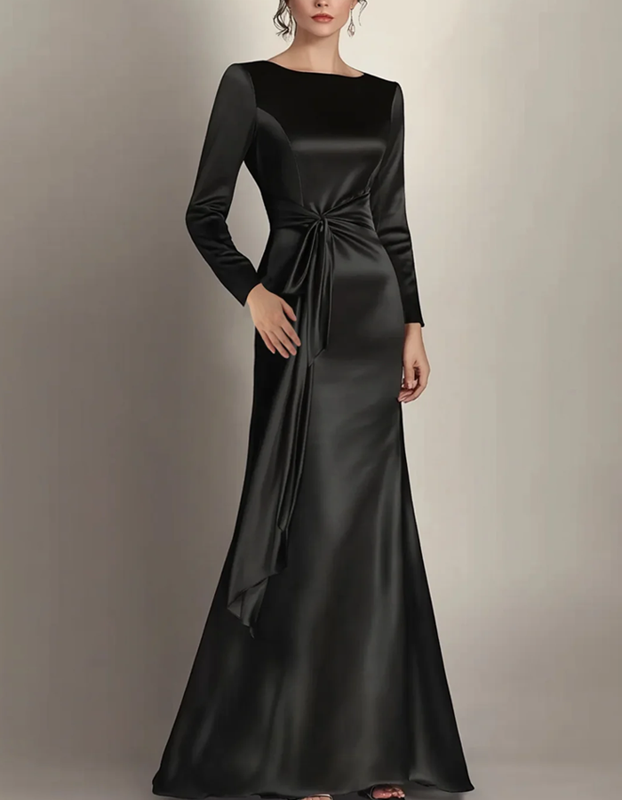 Boat-neck Long-sleeved Satin Mermaid Evening Maxi Dress