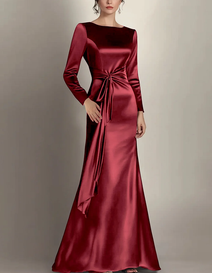 Boat-neck Long-sleeved Satin Mermaid Evening Maxi Dress