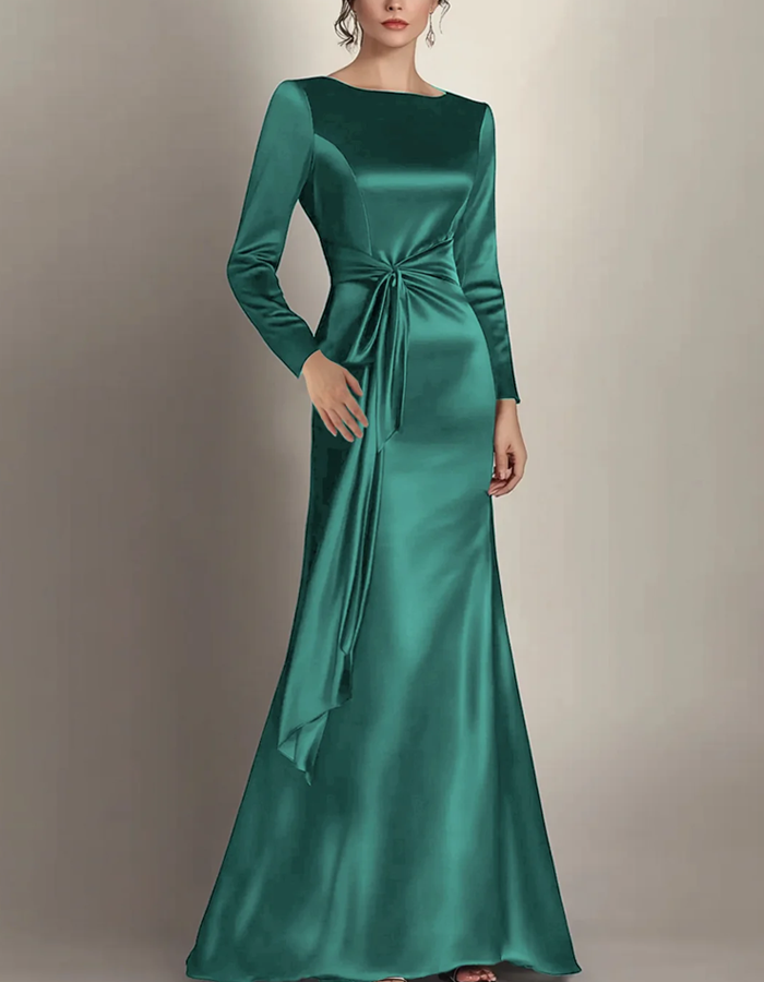 Boat-neck Long-sleeved Satin Mermaid Evening Maxi Dress