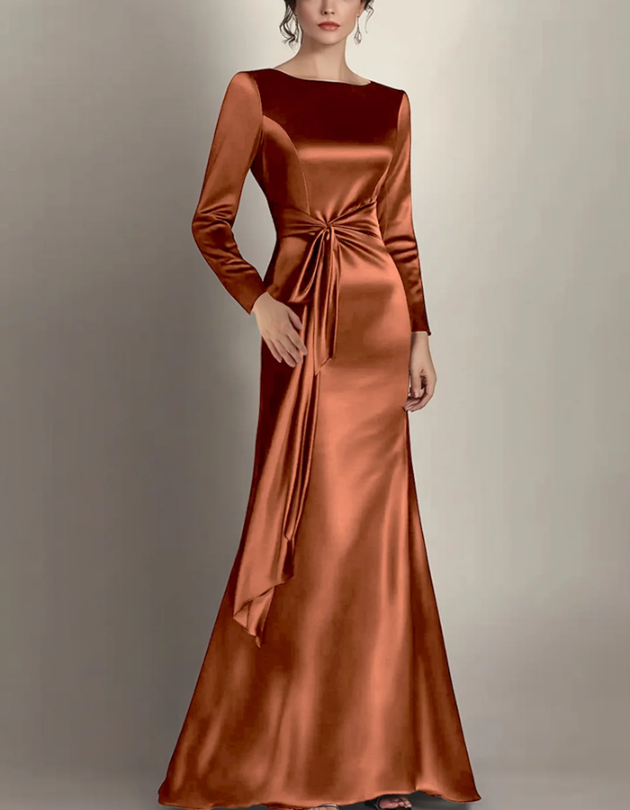 Boat-neck Long-sleeved Satin Mermaid Evening Maxi Dress
