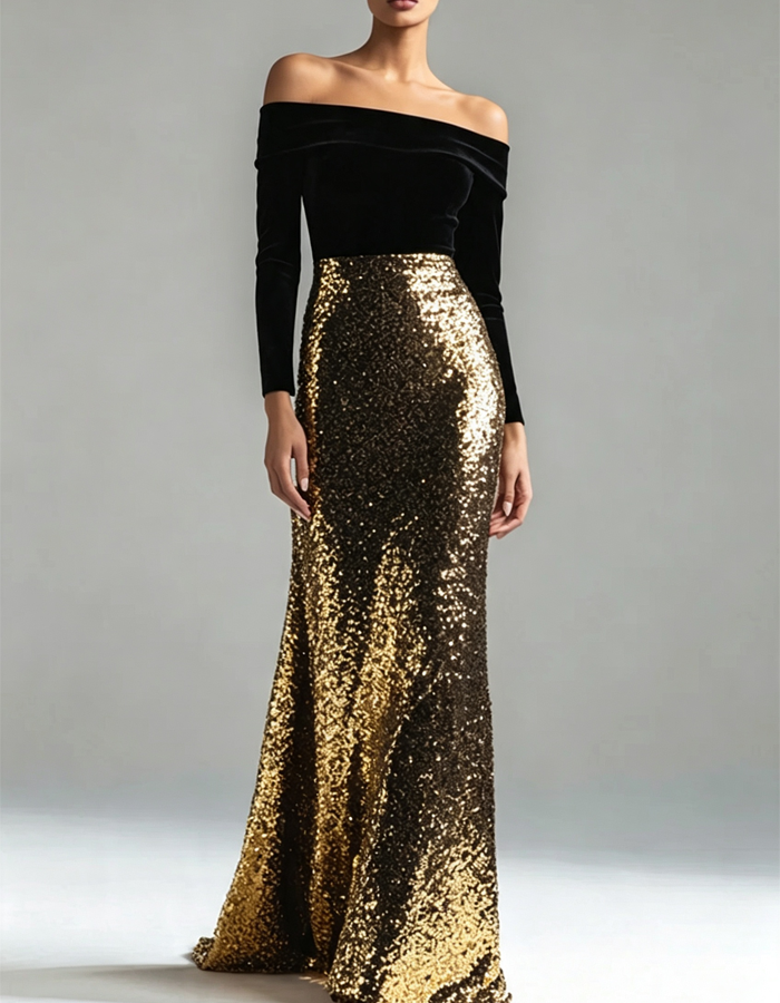 Off-the-shoulder Long-sleeved Velvet Sequined Evening Maxi Dress