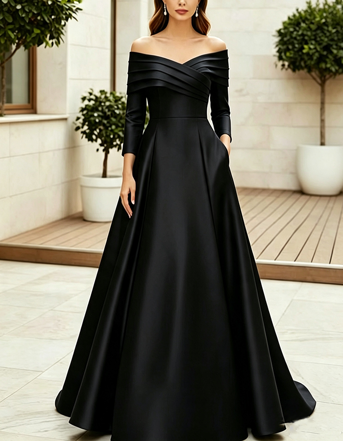 Champagne Gold Off‑the‑Shoulder Pleated Satin A‑Line Maxi Dress