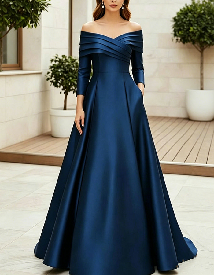 Champagne Gold Off‑the‑Shoulder Pleated Satin A‑Line Maxi Dress