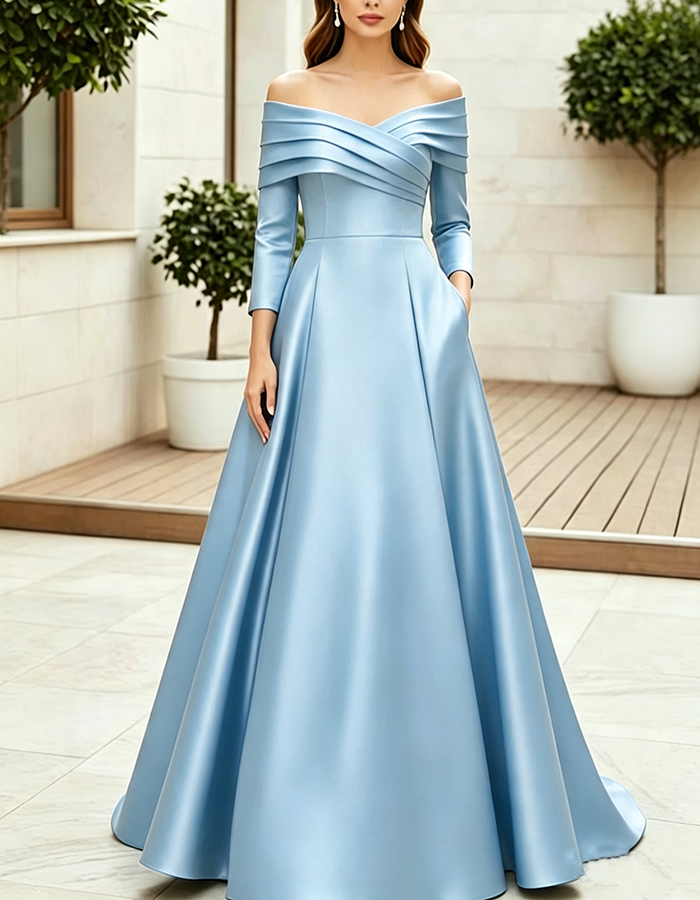 Champagne Gold Off‑the‑Shoulder Pleated Satin A‑Line Maxi Dress