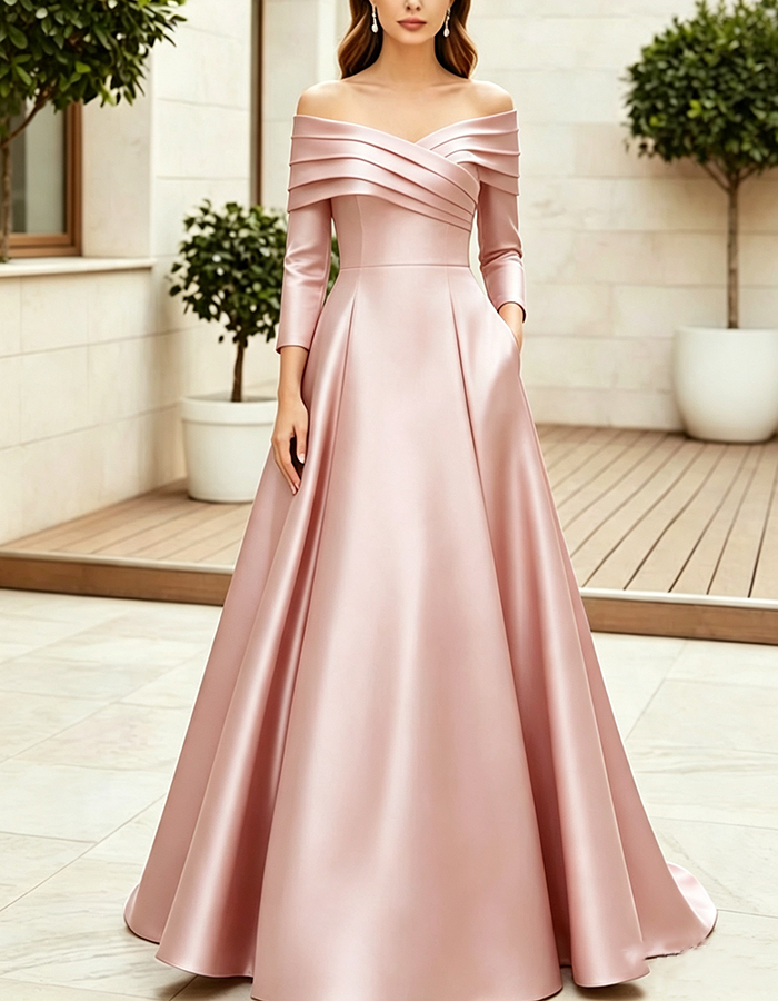 Champagne Gold Off‑the‑Shoulder Pleated Satin A‑Line Maxi Dress