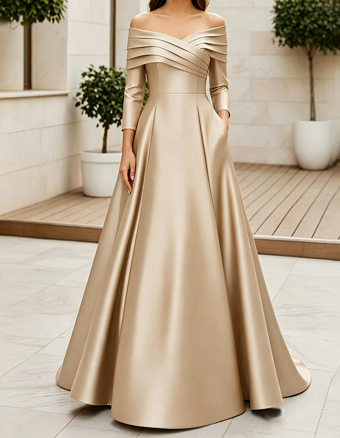 Champagne Gold Off‑the‑Shoulder Pleated Satin A‑Line Maxi Dress