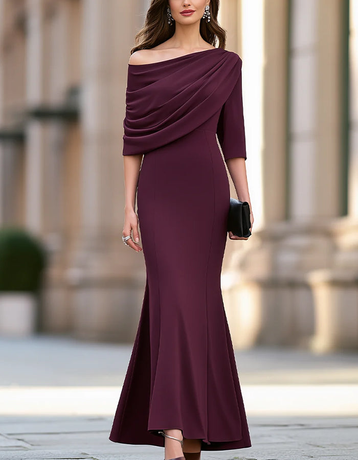 Off‑Shoulder Draped 3/4 Sleeve Mermaid Maxi Dress