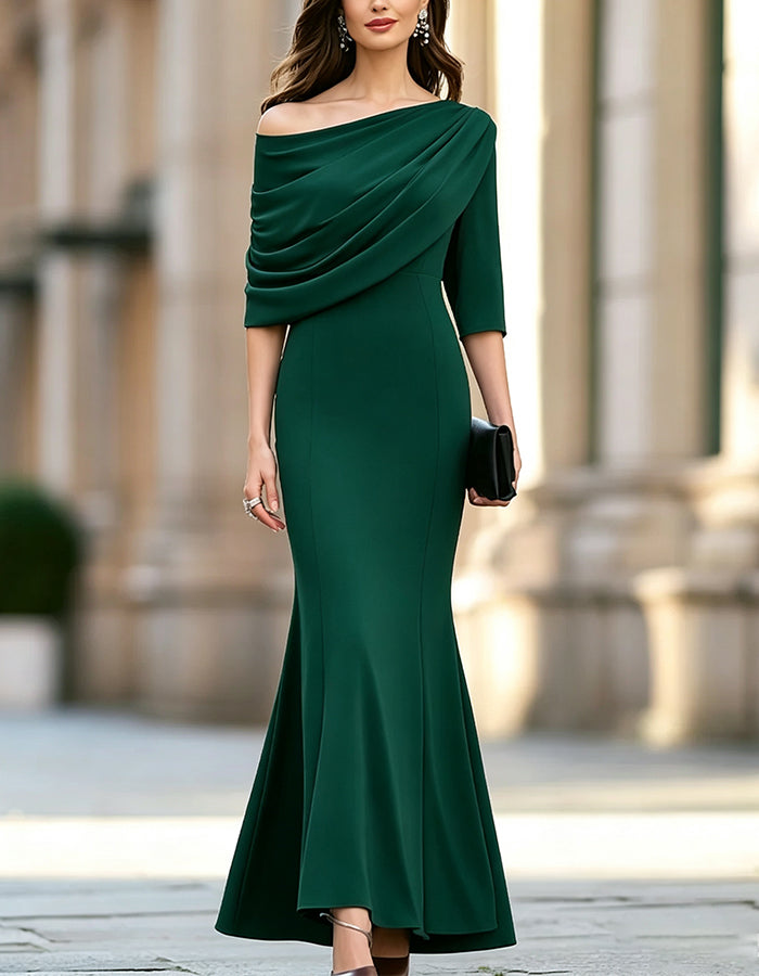 Off‑Shoulder Draped 3/4 Sleeve Mermaid Maxi Dress