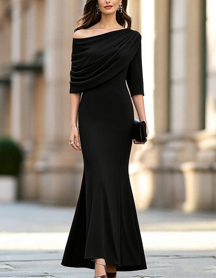 Off‑Shoulder Draped 3/4 Sleeve Mermaid Maxi Dress