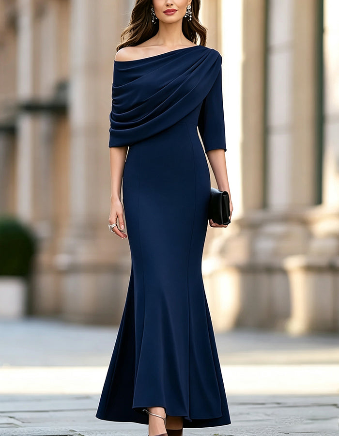 Off‑Shoulder Draped 3/4 Sleeve Mermaid Maxi Dress
