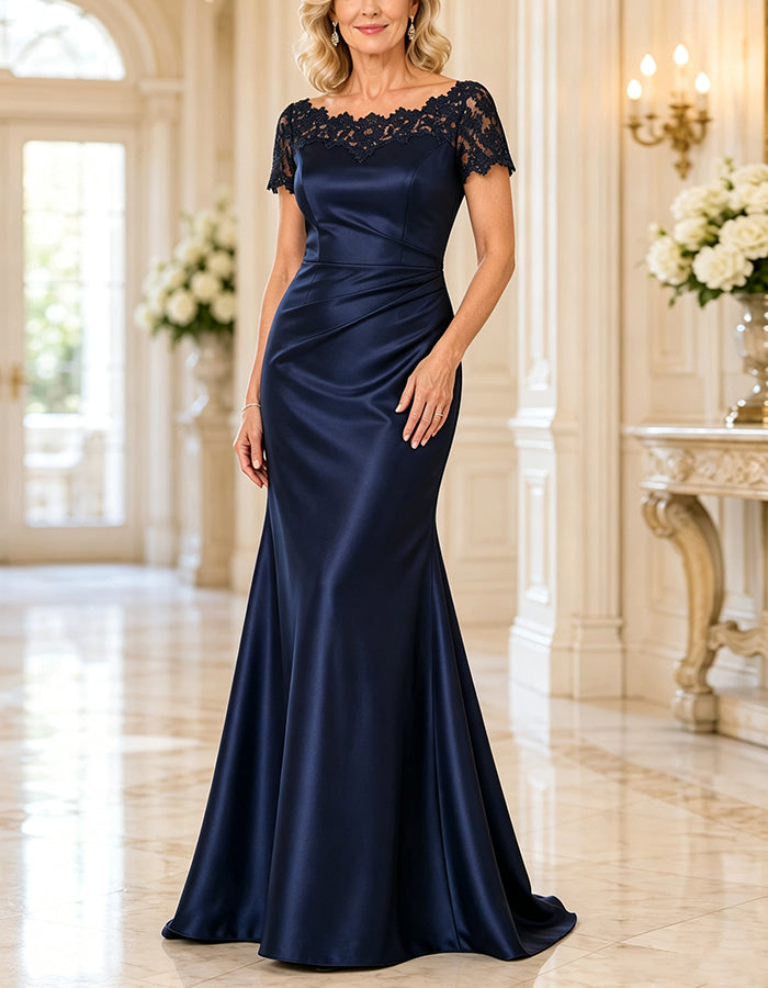 Dark Blue Lace Off Shoulder Satin Fishtail Maxi Dress