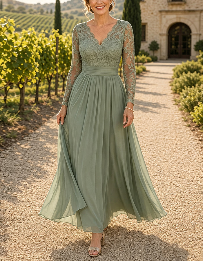 Sage Green V-Neck Lace Long Sleeve Chiffon Maxi Dress
