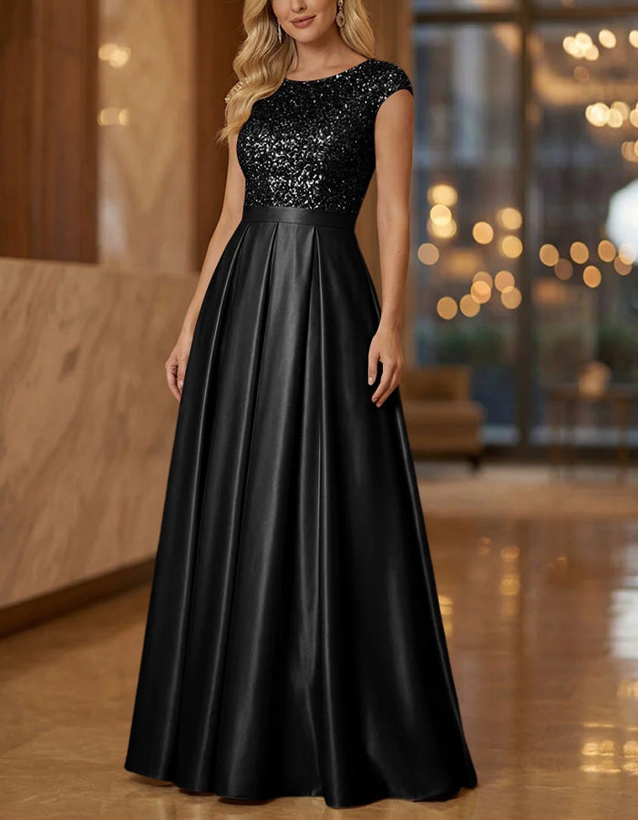 Solid Color Sequined Short Sleeved Satin Maxi Dress