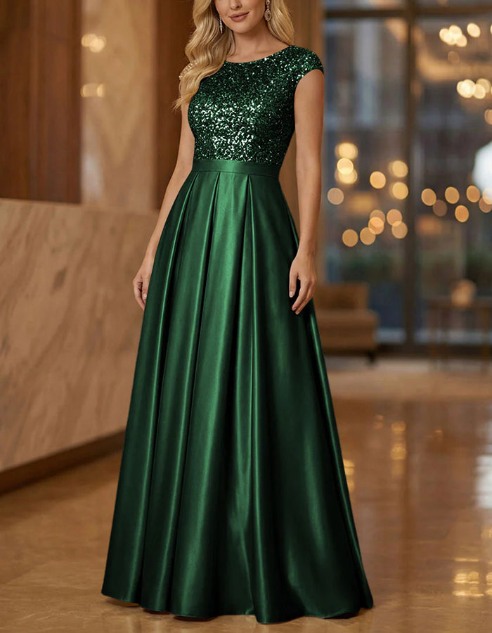 Solid Color Sequined Short Sleeved Satin Maxi Dress