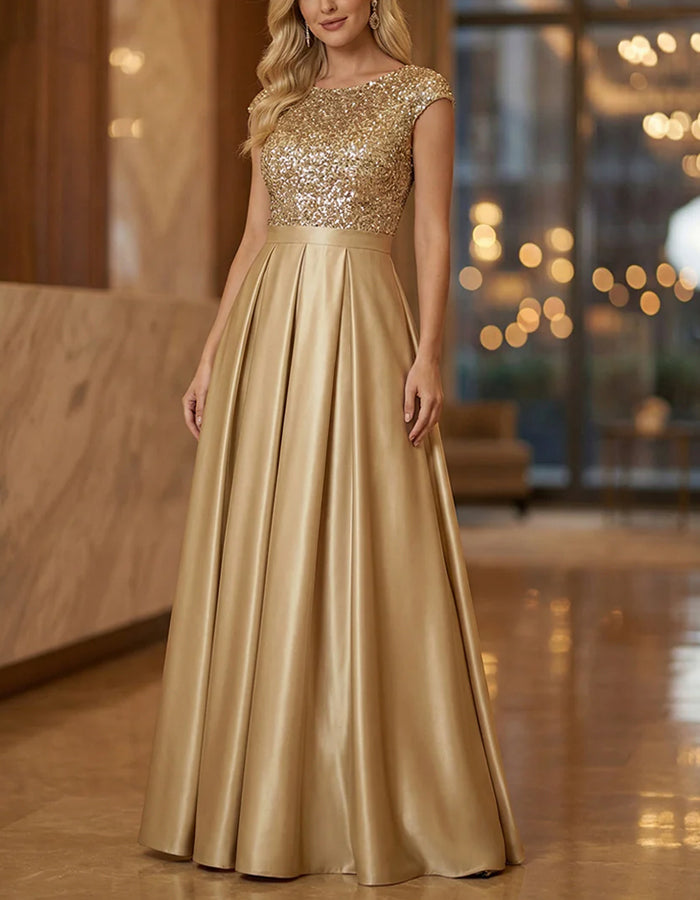 Solid Color Sequined Short Sleeved Satin Maxi Dress