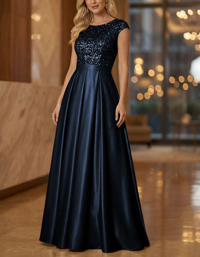 Solid Color Sequined Short Sleeved Satin Maxi Dress