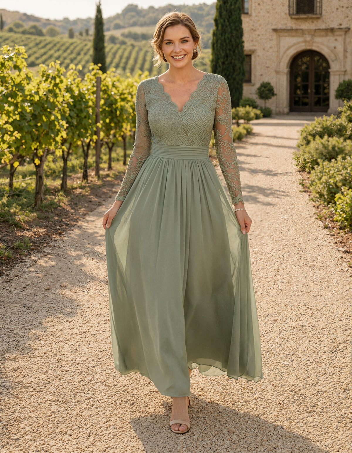 Sage Green V-Neck Lace Long Sleeve Chiffon Maxi Dress