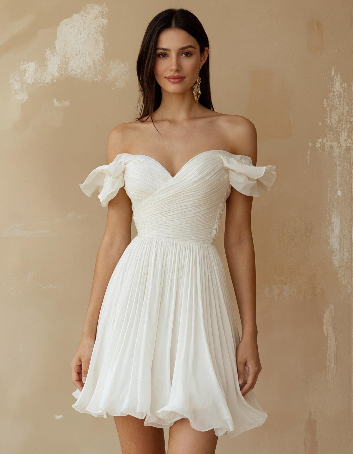 Solid Color Off Shoulder Ruffled Chiffon Mini Dress