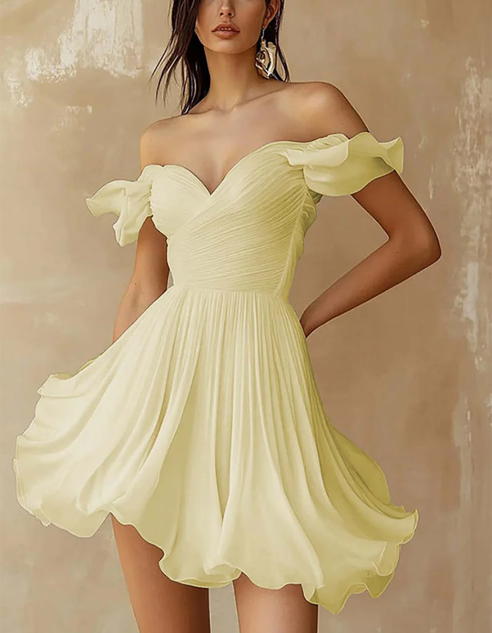 Solid Color Off Shoulder Ruffled Chiffon Mini Dress