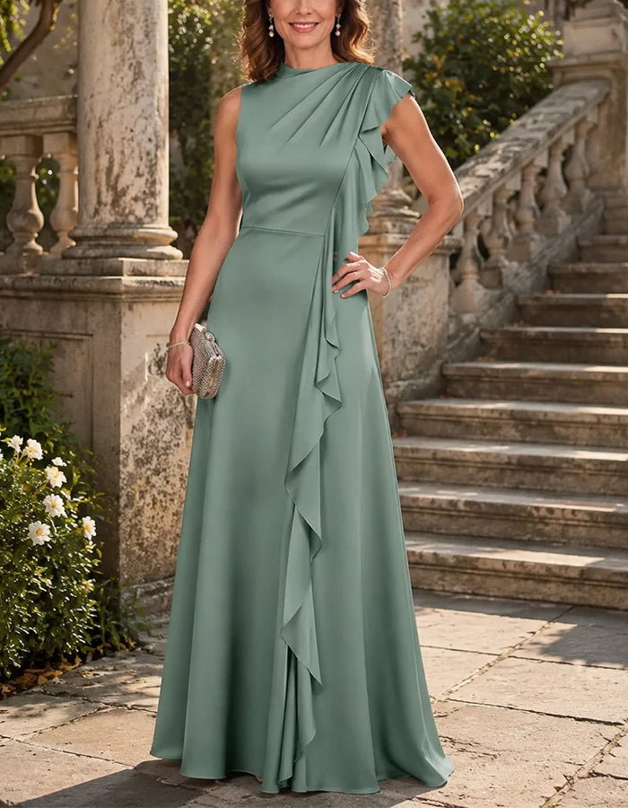 Sage Green Round Neck Asymmetrical Ruffled Satin Maxi Dress