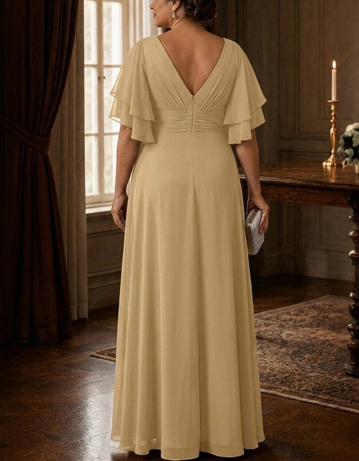 V Neck Sequin Embroidery Cape Sleeve Chiffon Maxi Dress