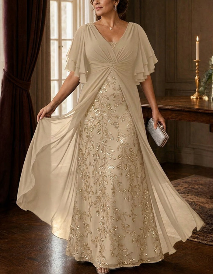 V Neck Sequin Embroidery Cape Sleeve Chiffon Maxi Dress