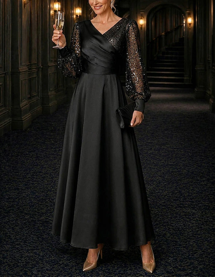 Solid Color V-Neck Sequined Puff Sleeve Satin Maxi Dress
