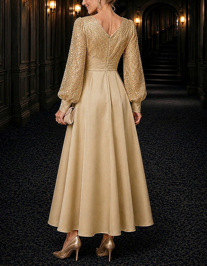 Solid Color V-Neck Sequined Puff Sleeve Satin Maxi Dress