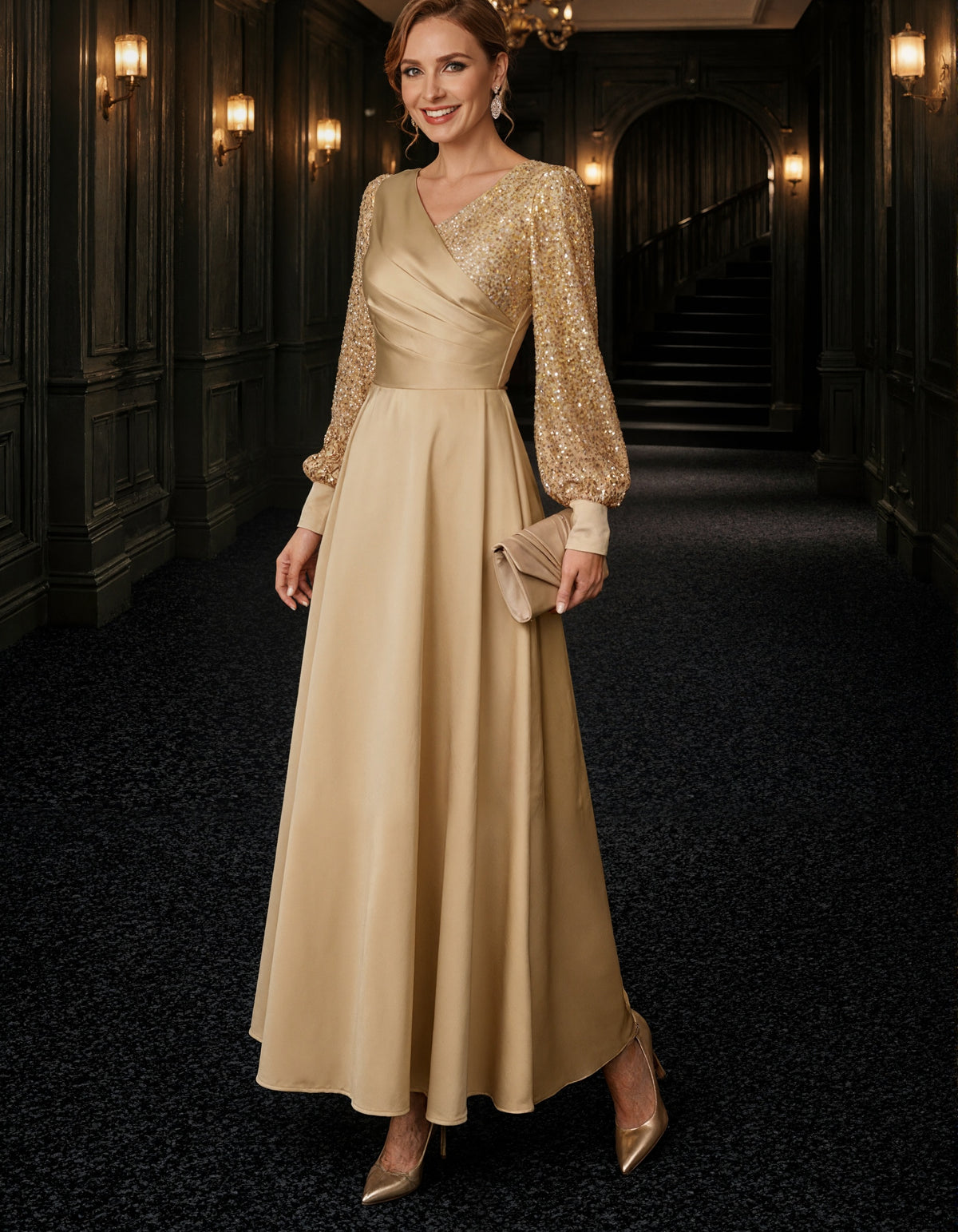 Solid Color V-Neck Sequined Puff Sleeve Satin Maxi Dress