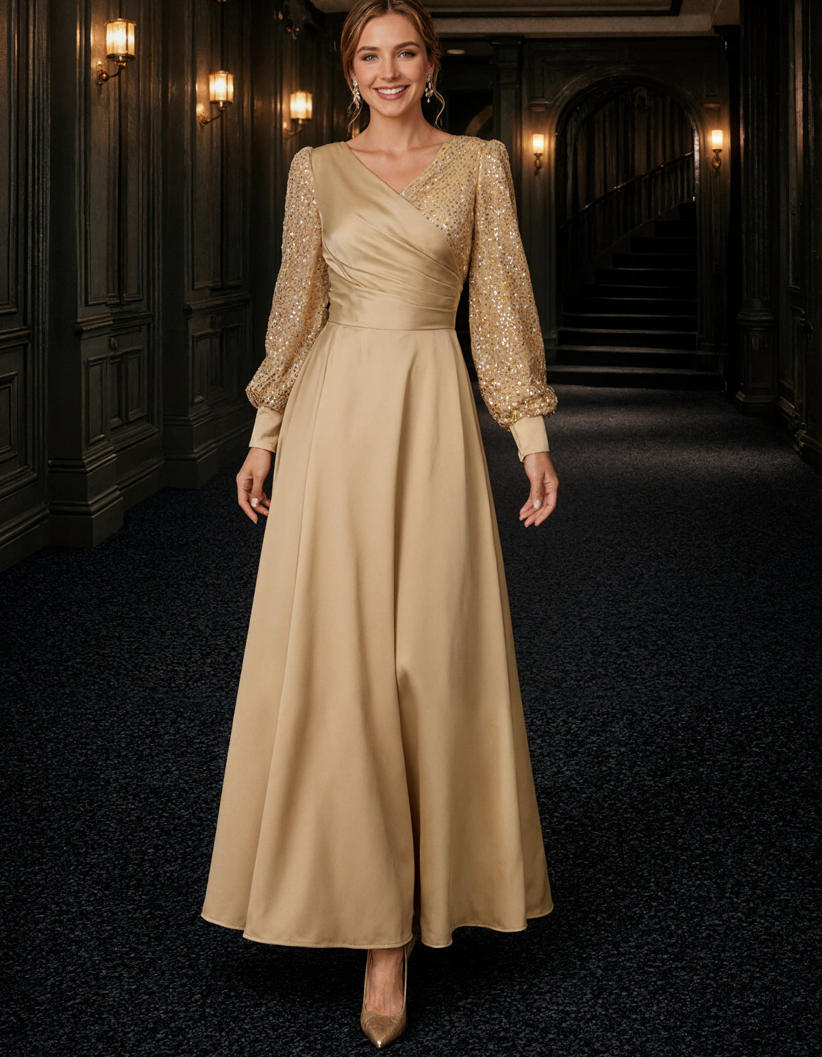 Solid Color V-Neck Sequined Puff Sleeve Satin Maxi Dress