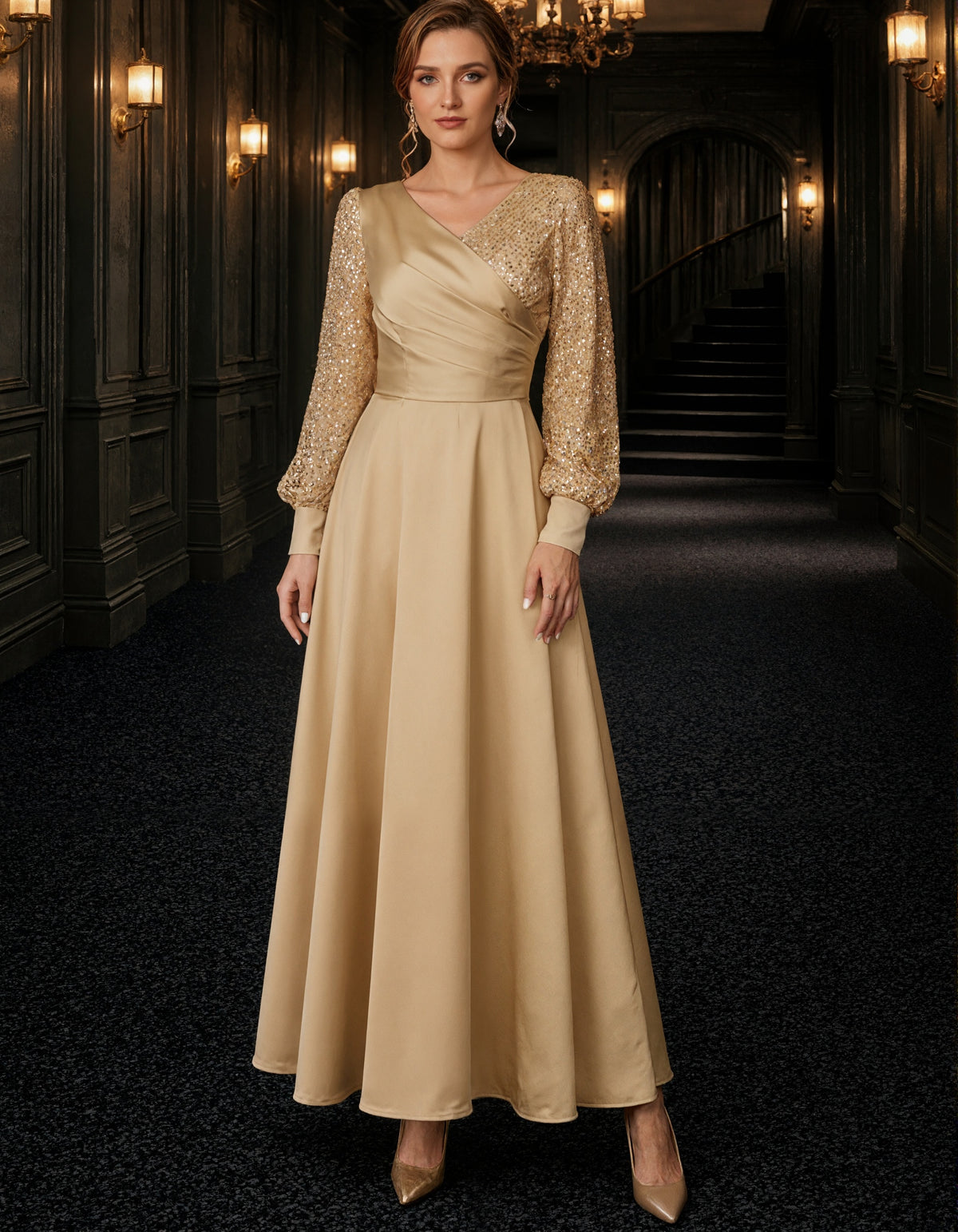 Solid Color V-Neck Sequined Puff Sleeve Satin Maxi Dress
