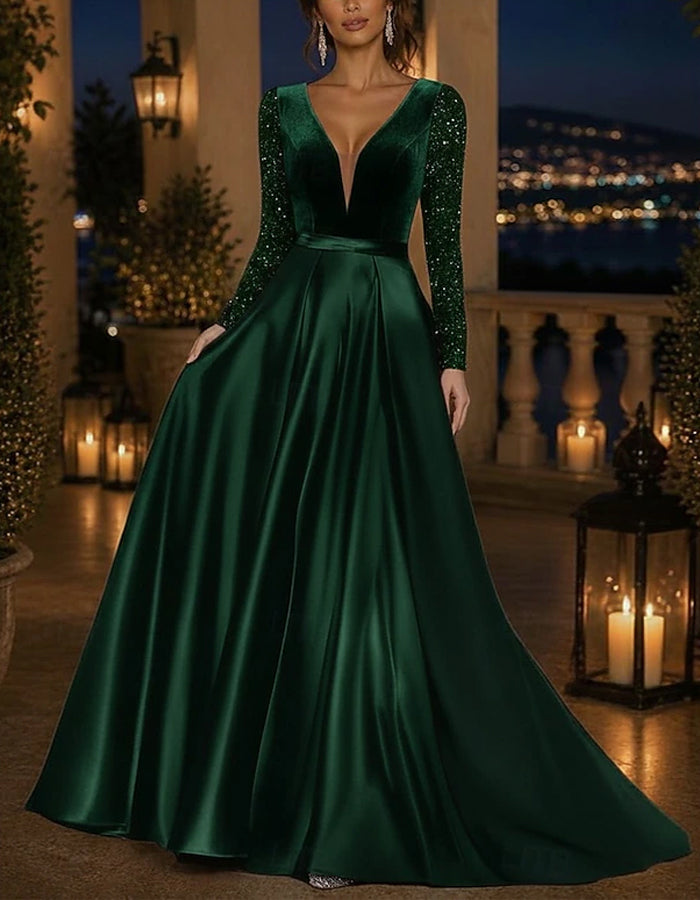 Solid Color V-Neck Sequined Long Sleeved Satin Velvet A-line Maxi Dress