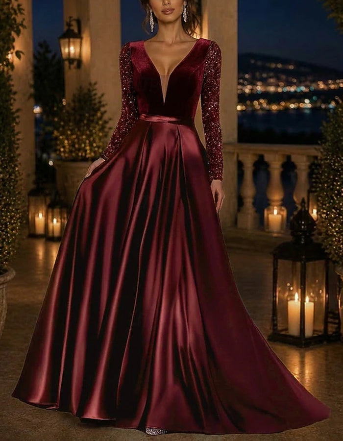 Solid Color V-Neck Sequined Long Sleeved Satin Velvet A-line Maxi Dress