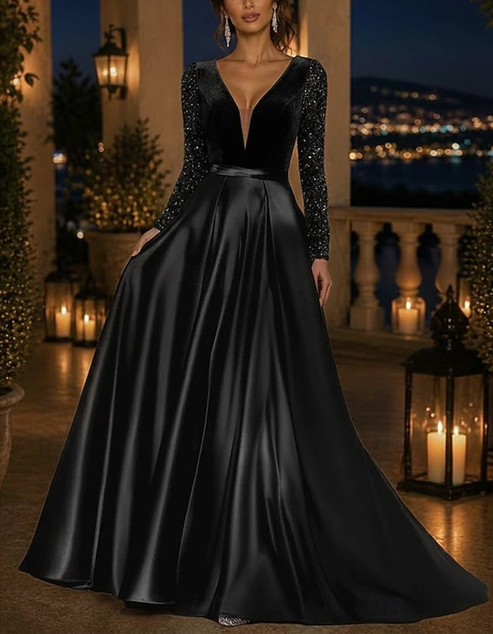 Solid Color V-Neck Sequined Long Sleeved Satin Velvet A-line Maxi Dress